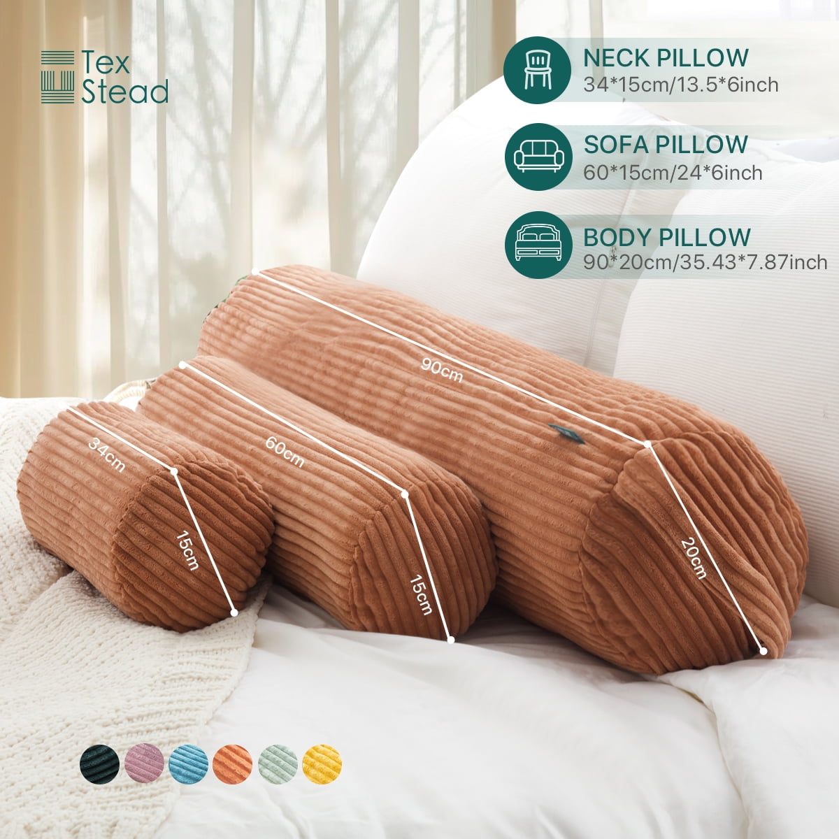 Decorative Plump Multifunctional Long Pillow- uitable for yoga,Lumbar and Neck Support Roll Pillow- Orange（6"x14") - Hotel Quality Plush Sleeping Pillows Detail