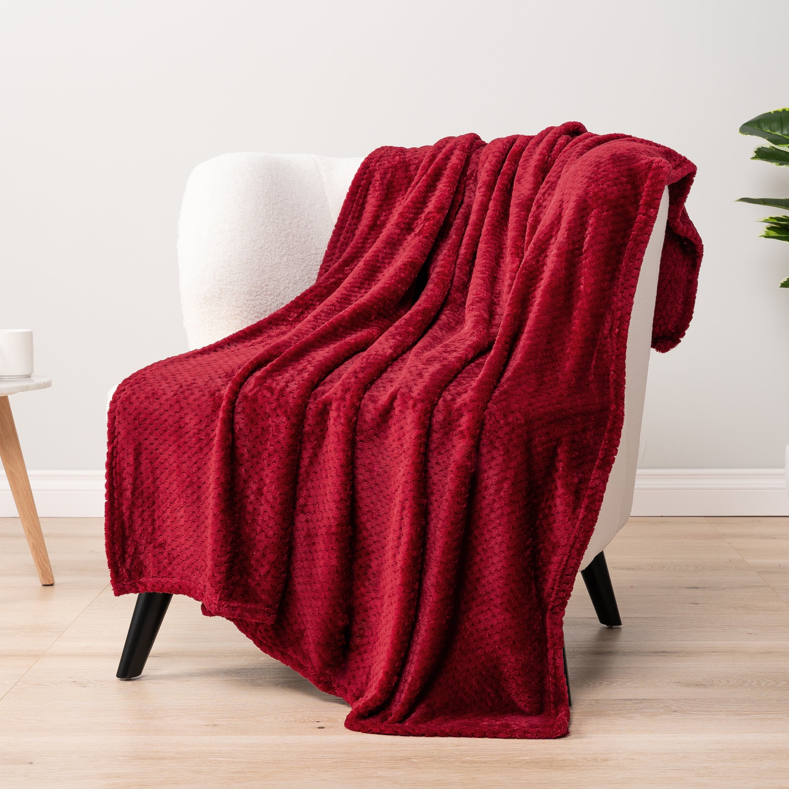 Decorative Knitted Maroon Red Throw Blanket for Couch, Twin Bed, Soft Fleece Throws for Sofa Chair, Fuzzy Waffle Textured Blanket, Cozy ... - Lightweight Plush Warm Blanket for All Seasons Detail