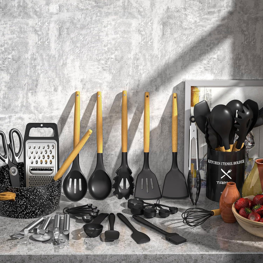 Premium Silicone Kitchen Utensil Set, 34Pieces Silicone Cooking Utensil Set with Wooden Handle, Heat Resistant Spatula Set Gadg... - Ergonomic Kitchen Tongs and Cooking Spoon Utensil Detail