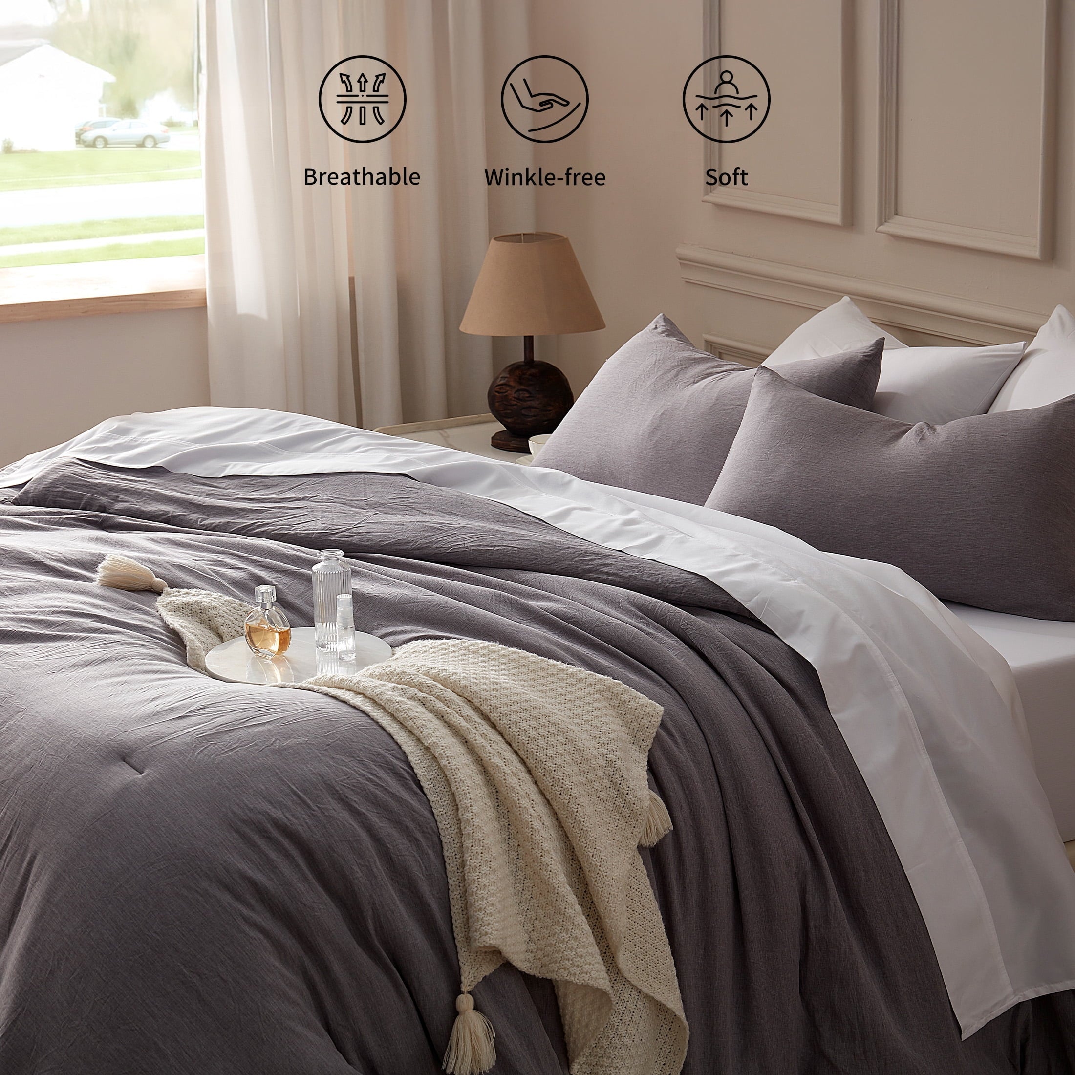 Heavyweight Warmth Washed Comforter Set Full Size - 3 Pieces Soft Luxury Cationic Dyeing Bedding Sets, Linen-Like Texture Breathable Wri... - All-Season Down Alternative Comforter Insert Detail