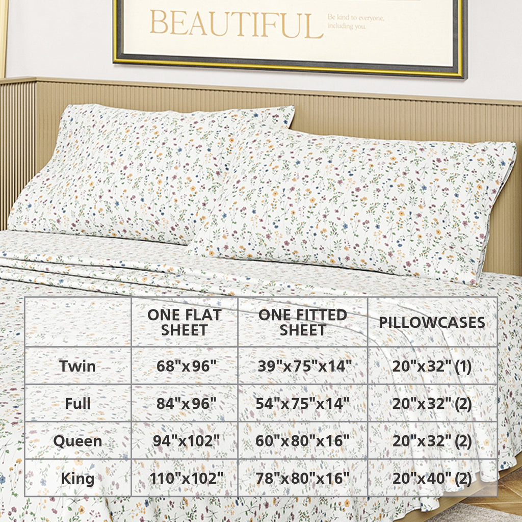 Ultra-Soft Botanical 4-Piece 100% Cotton Washed Percale White Sheet Set, Queen - Premium Ultra-Soft Pillowcase Pair for Sleeping Detail