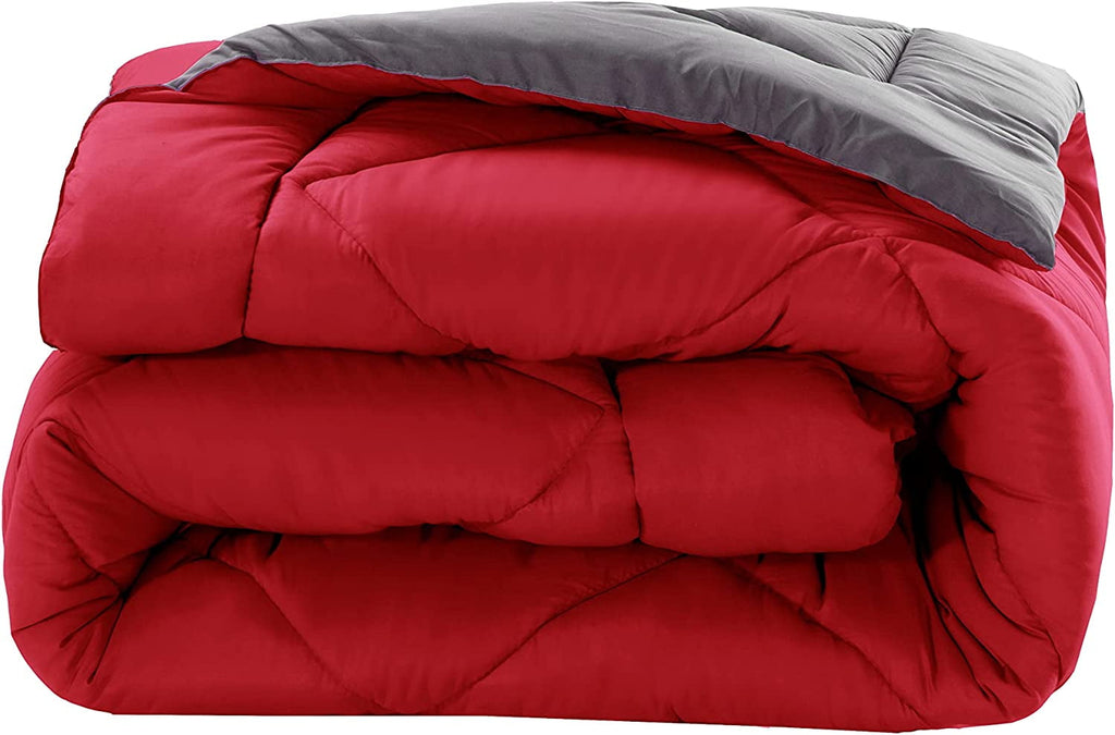 All-Season Reversible 3pc Comforter Set- Available In A Few Sizes And Colors , Full/Queen, Red/Gray - Luxurious Quilted Duvet Cover Set Detail
