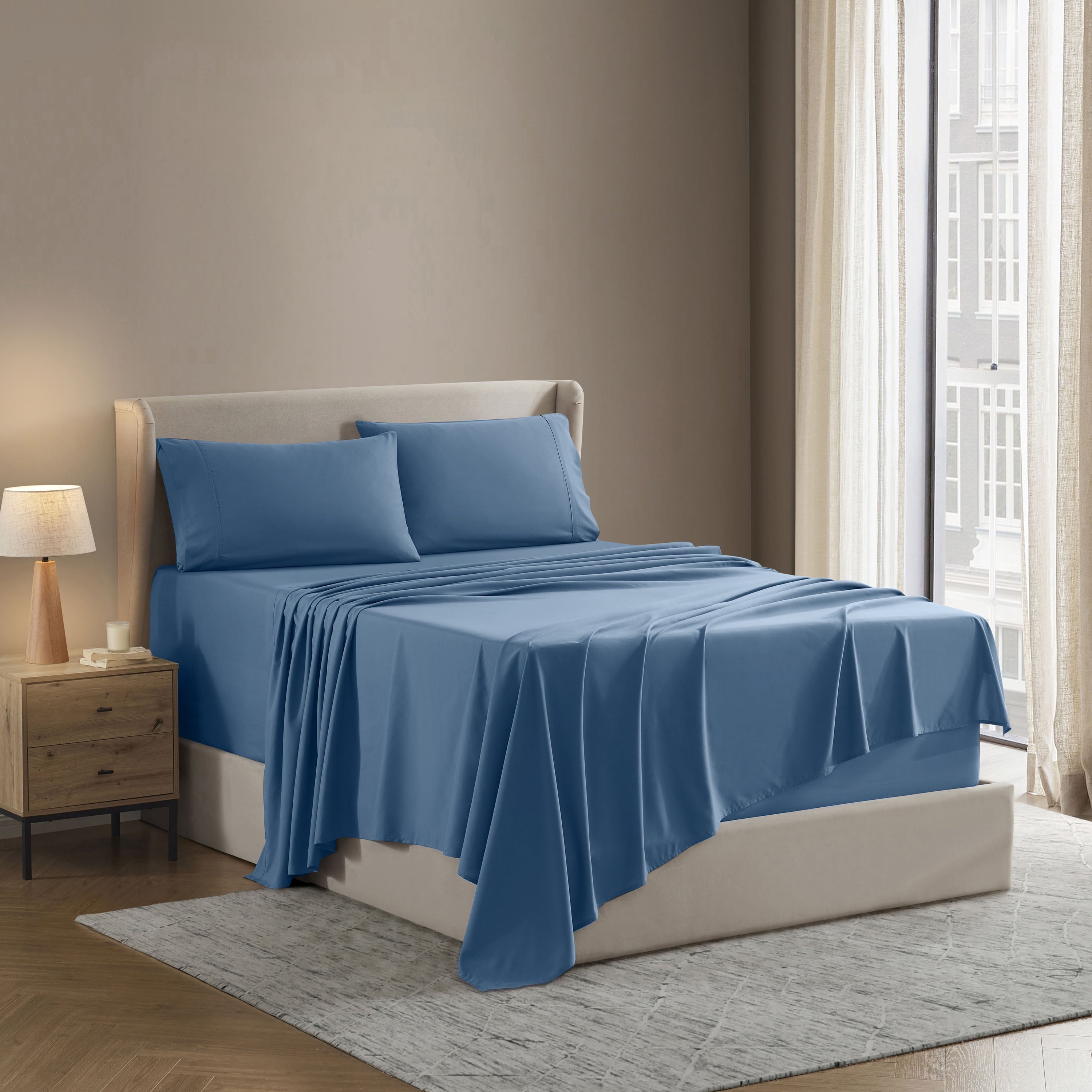 Cooling Sateen Split King Sheet Sets, Deep Pocket 5 Piece, Luxury Soft Microfiber Bed Sheet Sets, BLUE HEAVEN - Breathable Egyptian Cotton Flat & Fitted Sheets Detail