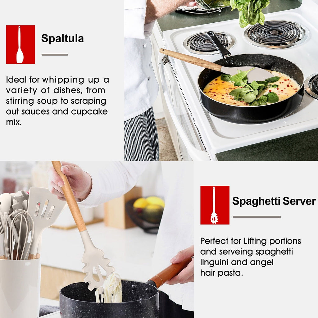 Non-Stick Safe Kitchen Utensils Set of 6, Silicone Cooking Utensils with Wooden Handle, Non-Stick Cookware & Heat Resistant, Include... - Heat-Resistant Silicone Cooking Spatula Turner Detail