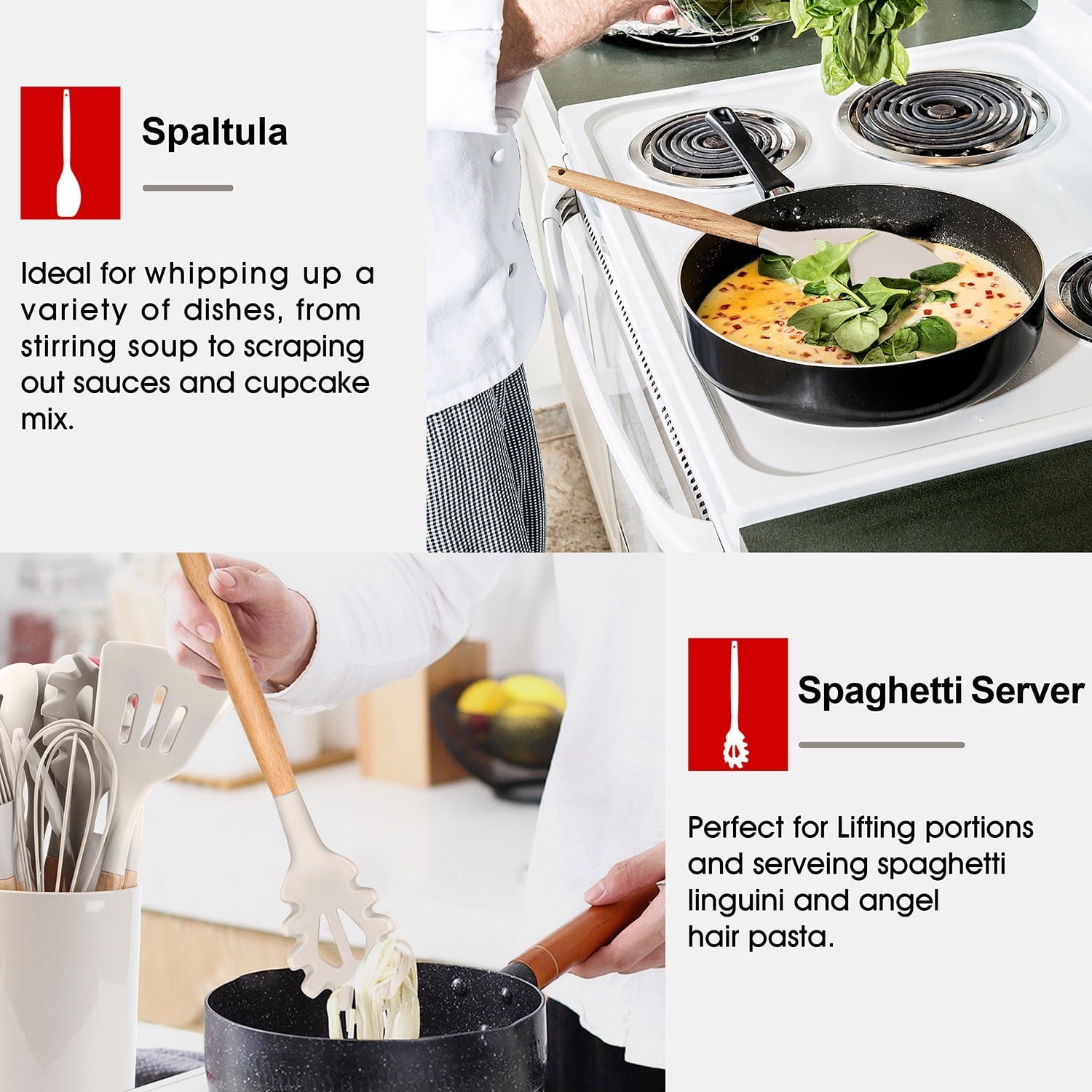 Non-Stick Safe Kitchen Utensils Set of 6, Silicone Cooking Utensils with Wooden Handle, Non-Stick Cookware & Heat Resistant, Include... - Heat-Resistant Silicone Cooking Spatula Turner Detail