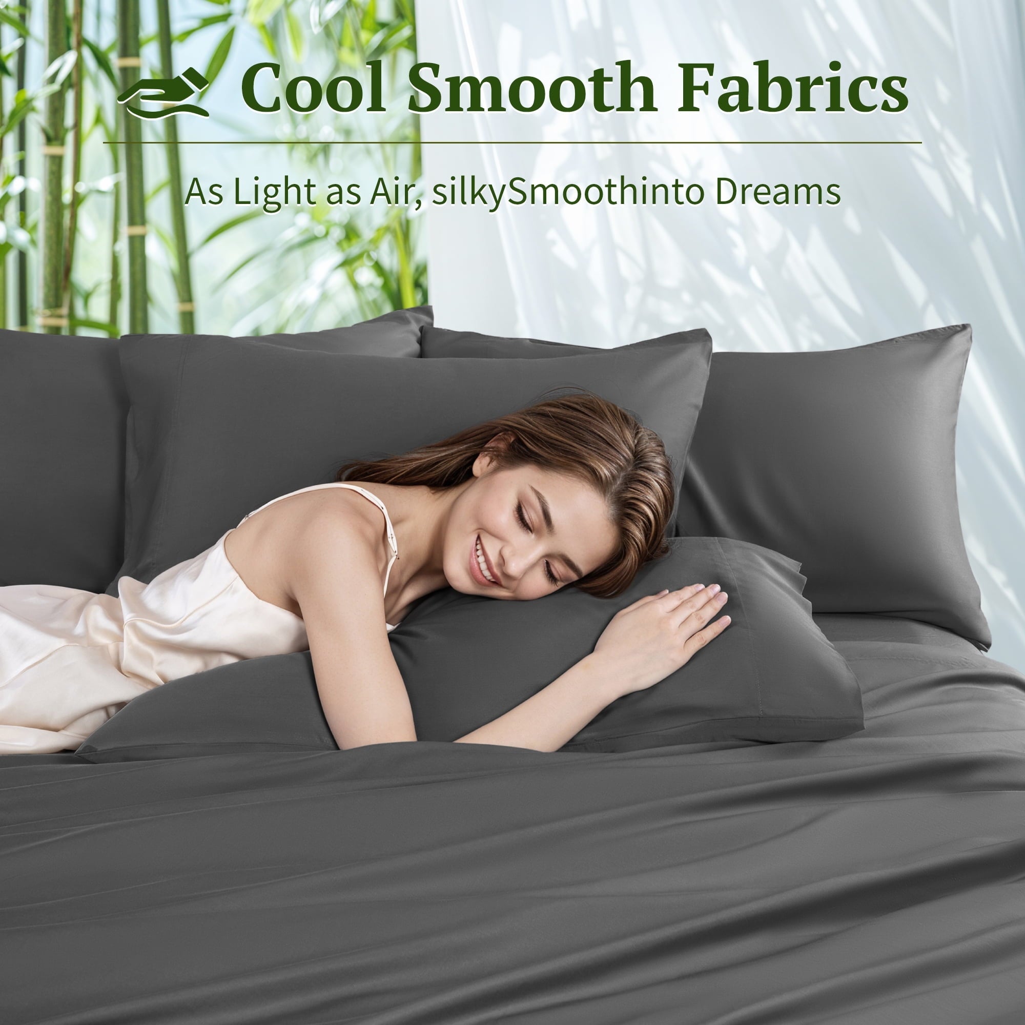Ultra-Soft 6 Pieces Bamboo Bed Sheets Set, Luxury Rayon Derived - Deep Pockets - Wrinkle Free - Extremely Soft, Queen, Dark Gray - Premium Ultra-Soft Pillowcase Pair for Sleeping Detail