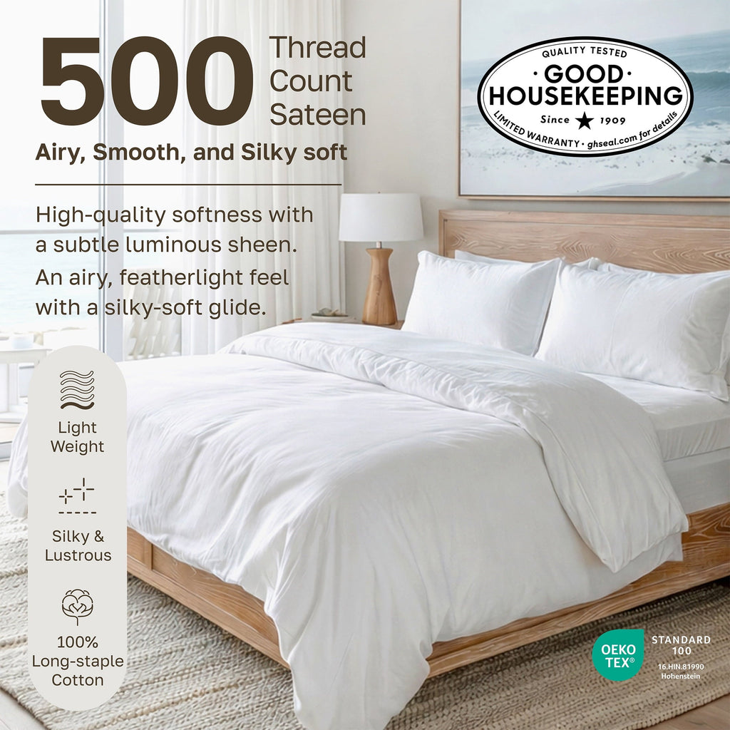 Wrinkle-Resistant 500-Thread-Count 100% Cotton Sheet White Queen-Sheets Set, 4-Piece Extra Long-Staple Combed Cotton Bedding Sheets for... - Cooling Hotel Quality Bedding Sheets and Pillowcases Detail