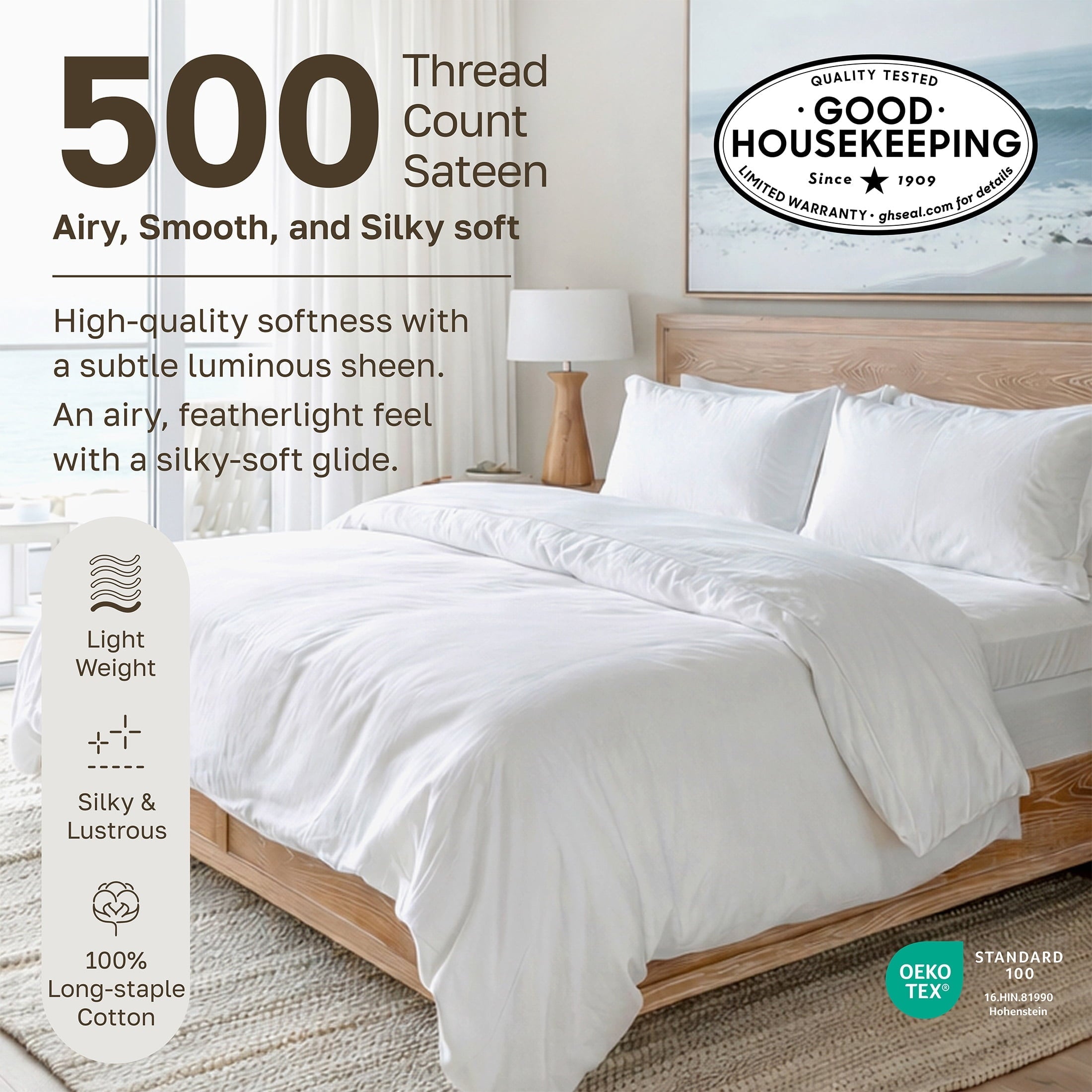 Wrinkle-Resistant 500-Thread-Count 100% Cotton Sheet White Queen-Sheets Set, 4-Piece Extra Long-Staple Combed Cotton Bedding Sheets for... - Cooling Hotel Quality Bedding Sheets and Pillowcases Detail