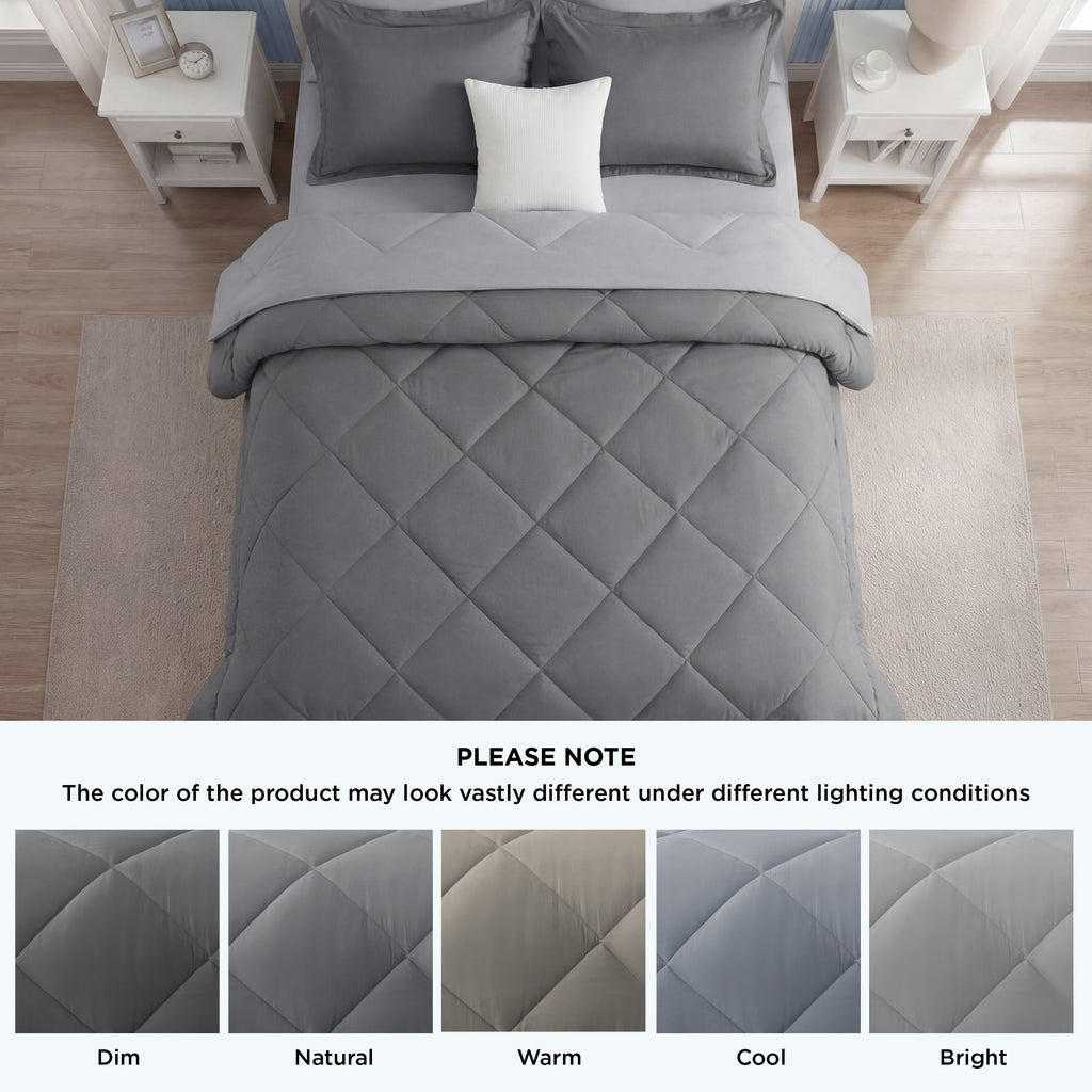 Fluffy Down Alternative Queen Reversible Comforter Set - 7 Pieces Grey Bedding, Bed in a Bag with Alternative Comforter, Sheets, Pillowcases ... - Luxurious Quilted Duvet Cover Set Detail