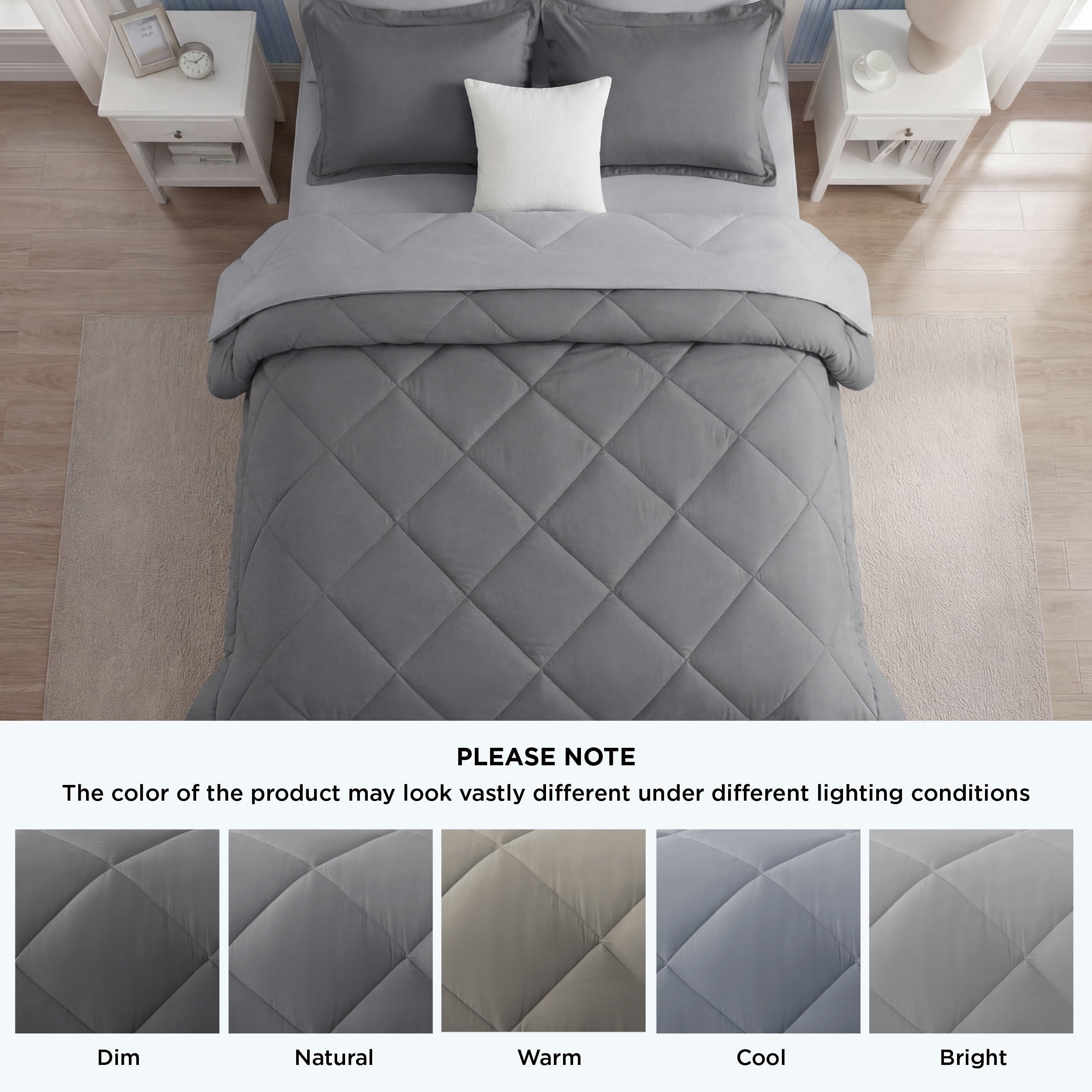 Fluffy Down Alternative Queen Reversible Comforter Set - 7 Pieces Grey Bedding, Bed in a Bag with Alternative Comforter, Sheets, Pillowcases ... - Luxurious Quilted Duvet Cover Set Detail