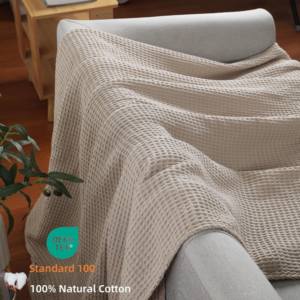 Super Soft Flannel 100% Cotton Waffle Bed Blanket King Size, Throw Blanket for Couch All Seasons (Beige, 104x90) - Lightweight Plush Warm Blanket for All Seasons Detail