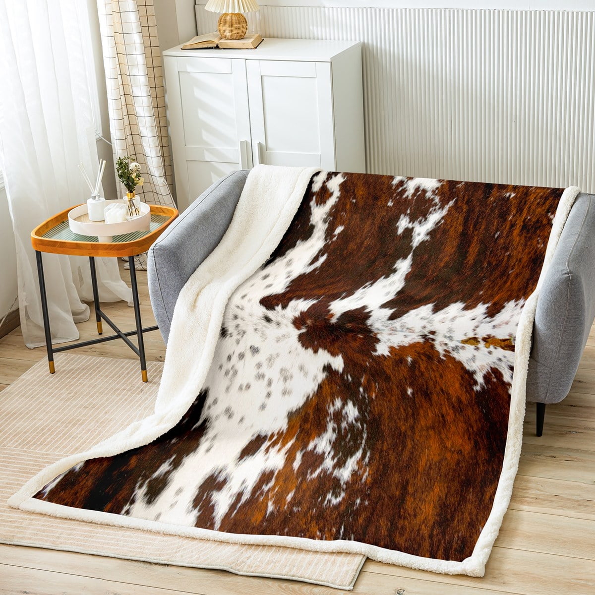 Lightweight Warm Milk Cow Print Throw Blanket for Bed Chair,Black Brown Cowhide Fleece Blanket 50"x60",Farmhouse Rustic Animal Skin We... - Luxury Knitted Decorative Throw Blanket with Fringes Detail