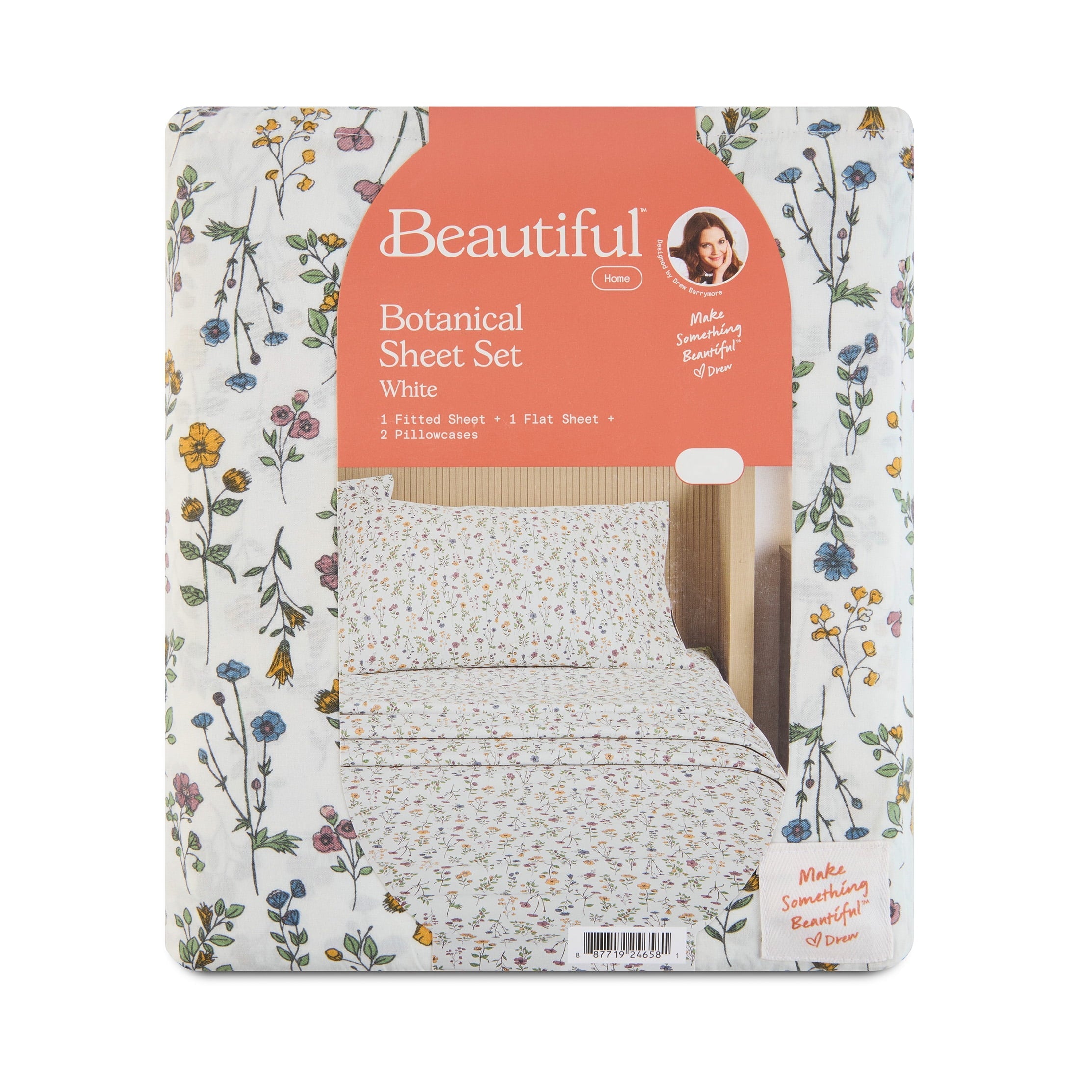 Ultra-Soft Botanical 4-Piece 100% Cotton Washed Percale White Sheet Set, Queen - Premium Ultra-Soft Pillowcase Pair for Sleeping Detail