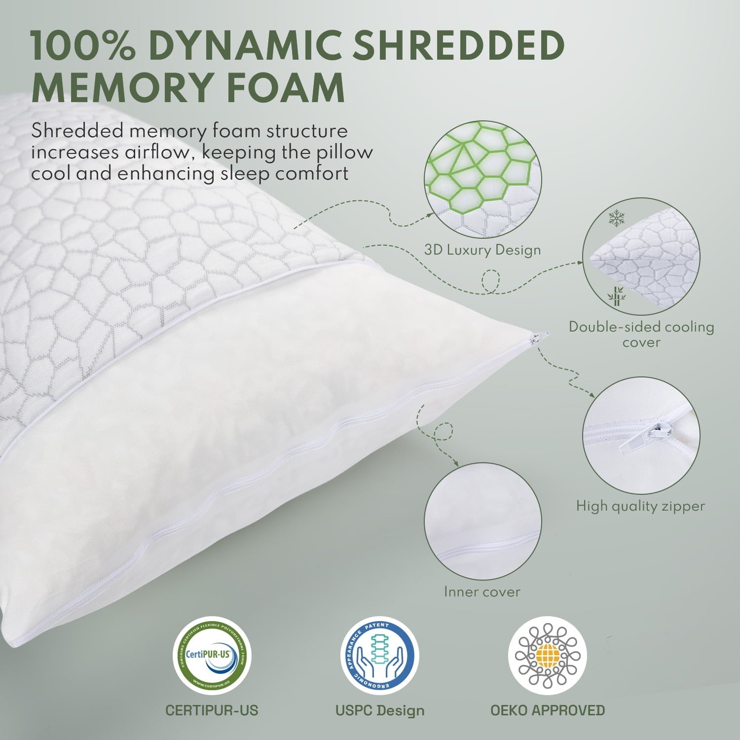 Ergonomic Memory Foam Cooling Memory Foam Queen Pillows for bed 2 Pack,Adjustable Support & Heat Dissipation Tech for Side,Back,Stomach & H... - Hotel Quality Plush Sleeping Pillows Detail