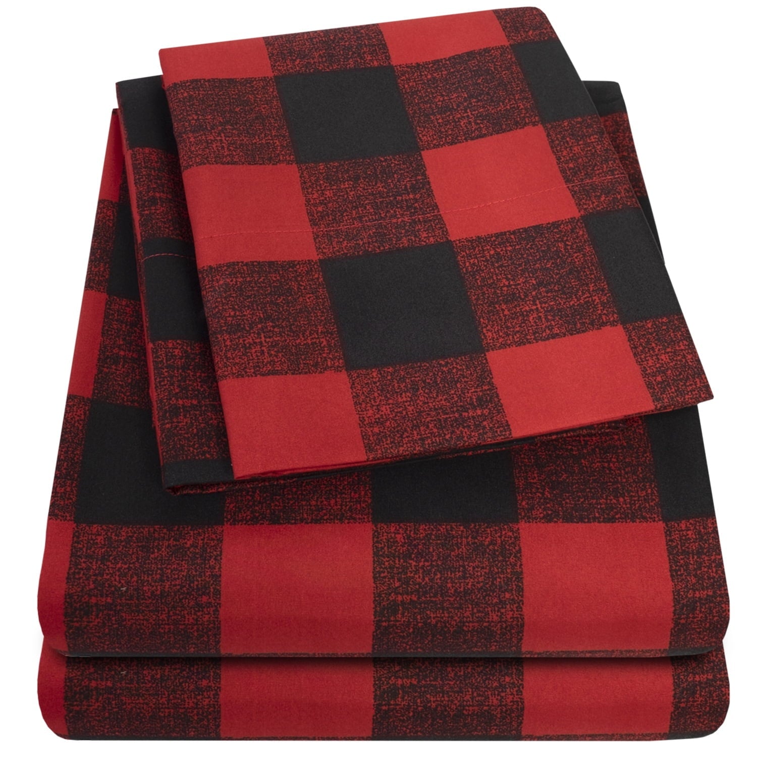 Premium Egyptian Cotton Buffalo Plaid Black and Red 4 Piece Bed Sheet Set - Twin - Premium Ultra-Soft Pillowcase Pair for Sleeping Detail