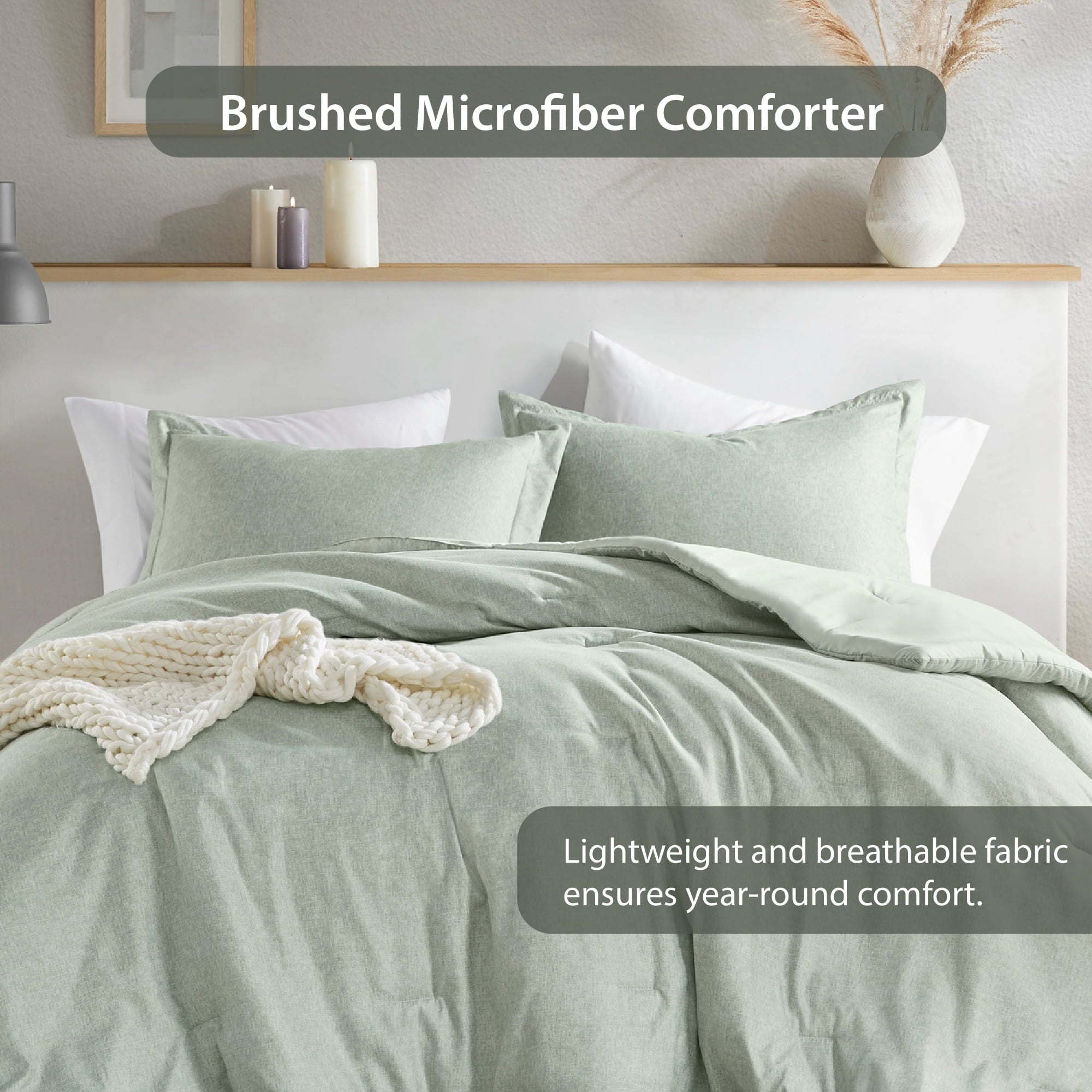 Hypoallergenic Cloud Full/Queen Comforter Sets, Reversible 3 Piece Extra Soft Bedding Set, Chambray Print Sage Green Comforter Bed Set wit... - All-Season Down Alternative Comforter Insert Detail