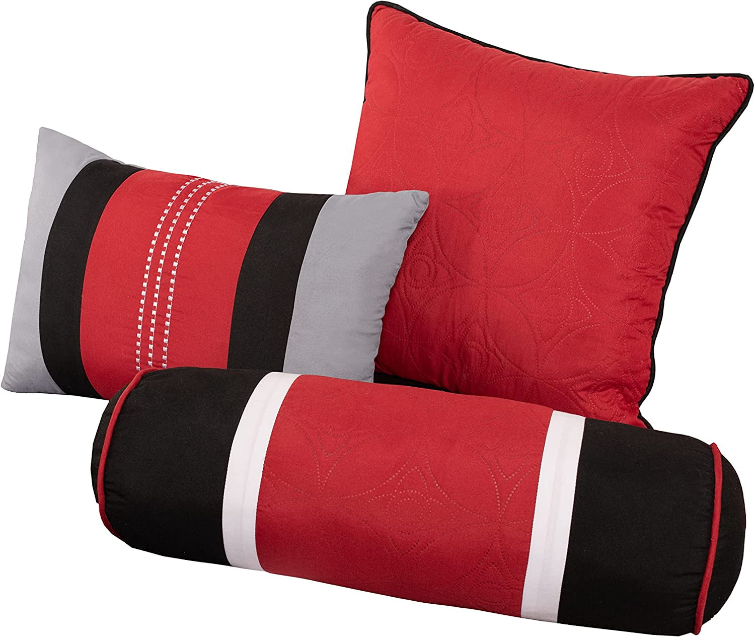 Fluffy Down Alternative 7-Piece Medallion Patchwork Comforter Set, Full, Red/Gray/Black - Cloud-Like Soft Lightweight Bed Comforter Detail
