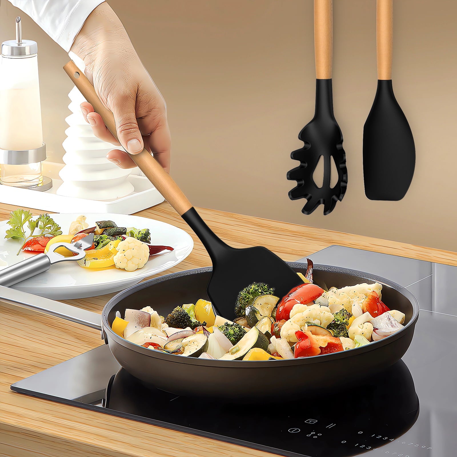 Ergonomic Manual Silicone Cooking Utensils Set - Silicone Kitchen Utensils for Cooking Wooden Handles, 446°F Heat Resistant Kitchen Ut... - Kitchen Gadget Tool for Quick Food Prep Detail