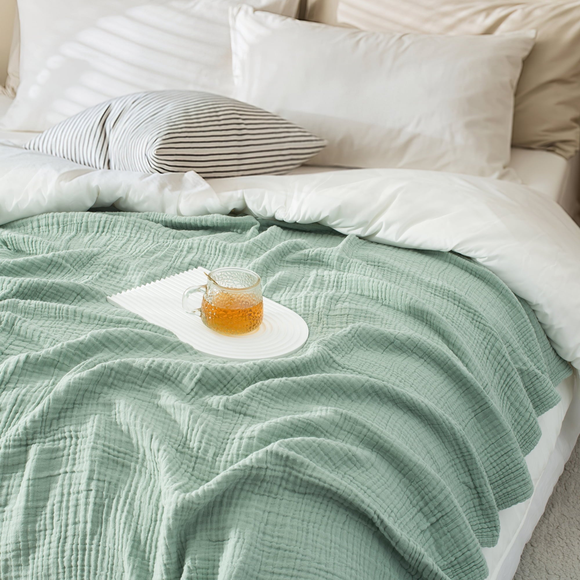 Decorative Knitted 100% Cotton Muslin Throw Blanket Gauze Blankets for Adults Soft Throws for Bed and Couch, 50" x 70" Sage Green - Luxury Knitted Decorative Throw Blanket with Fringes Detail