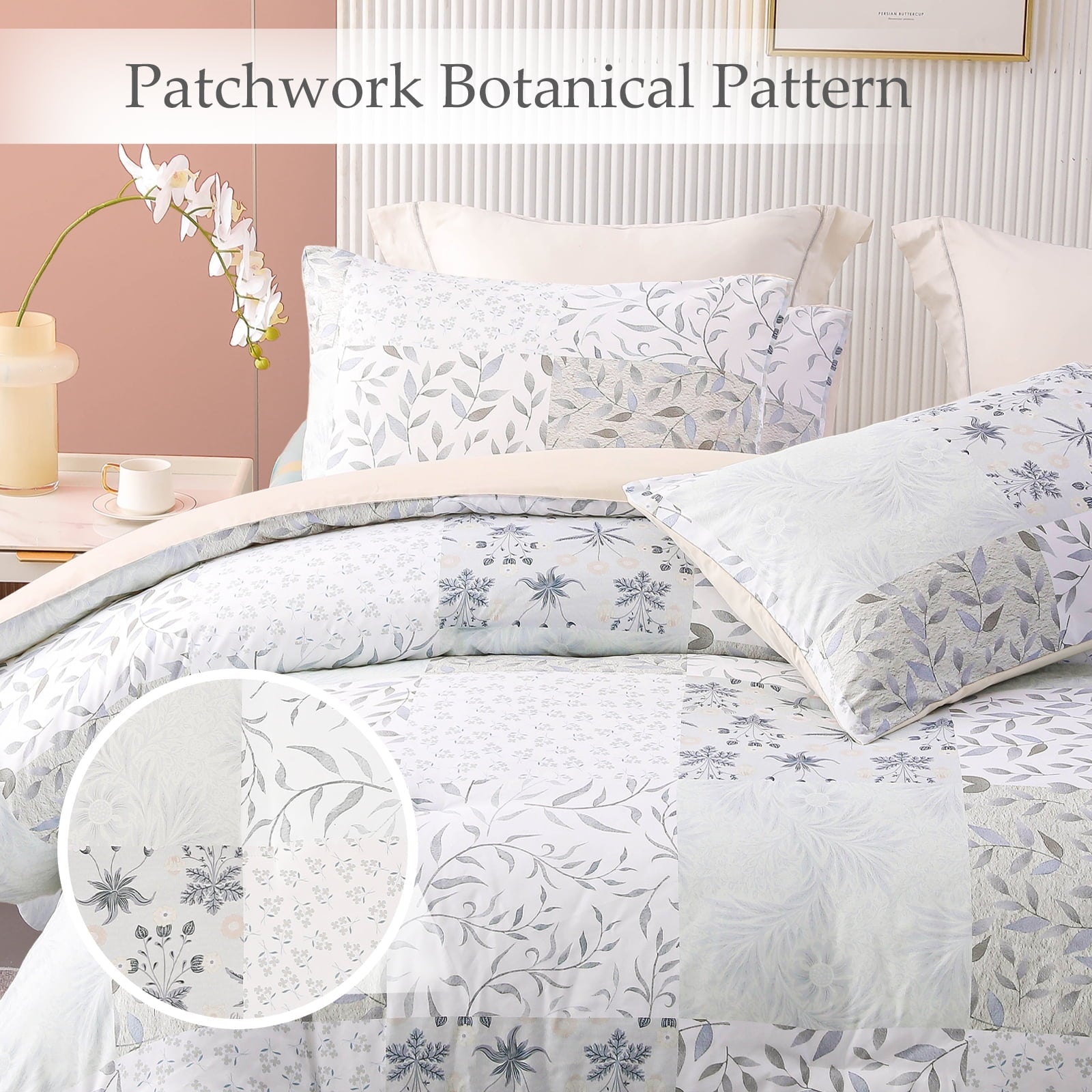 All-Season 3-Piece Patchwork King Size Comforter Set, Microfiber Bedding Down Alternative Comforter for All Seasons with 2 Pillo... - Cloud-Like Soft Lightweight Bed Comforter Detail