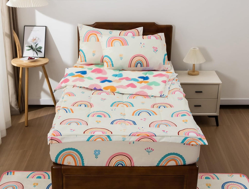 Fluffy Down Alternative 3-Piece Kids Comforter Set Twin Zipper Bedding for Girls, Rainbow Comforter with Flower Pattern (Beige) - Cloud-Like Soft Lightweight Bed Comforter Detail