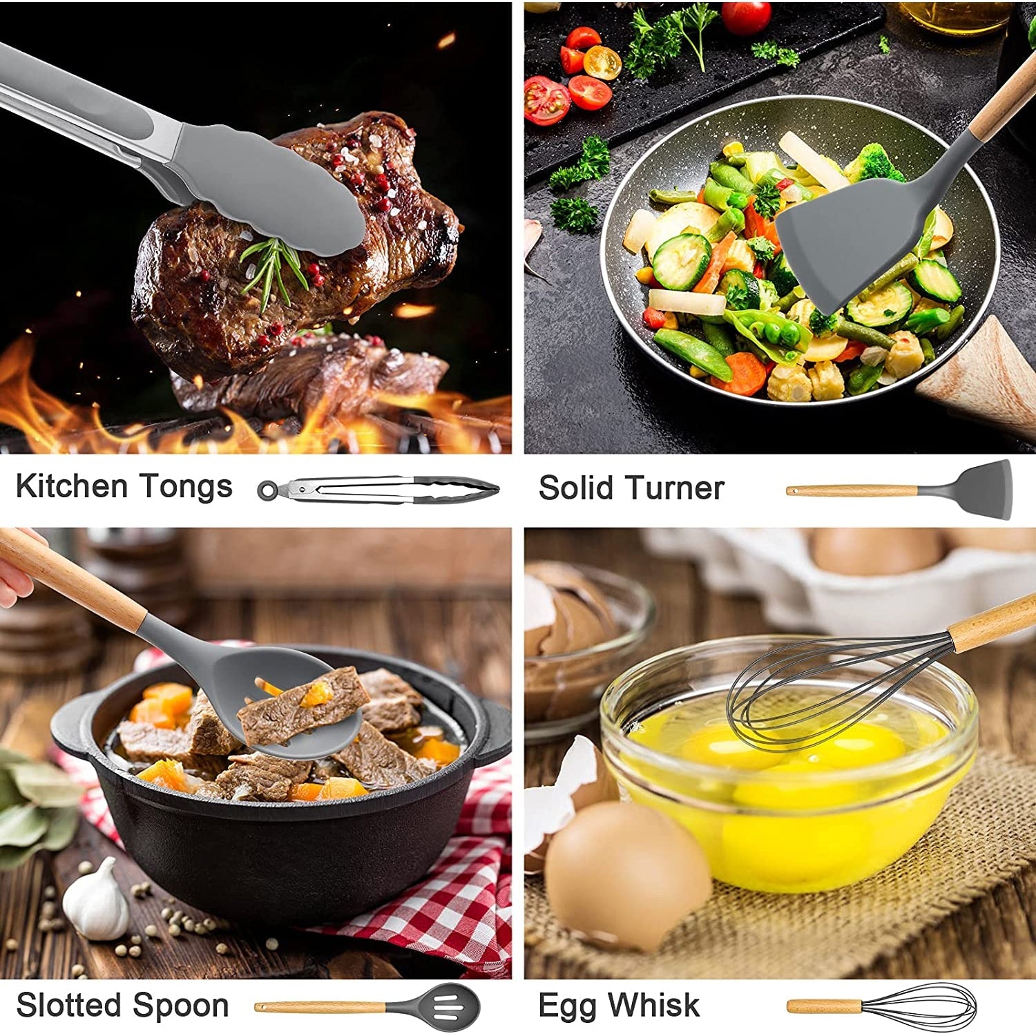 Seamless One-Piece Silicone Cooking Utensils Set, 446°F Heat Resistant Wooden Handle Cooking Kitchen Utensils Spatula Set with Holder fo... - Ergonomic Kitchen Tongs and Cooking Spoon Utensil Detail