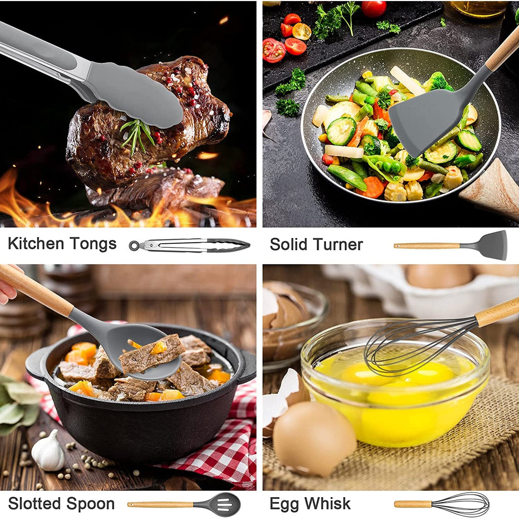 Chef-Quality Silicone Cooking Utensils Set, 446°F Heat Resistant Wooden Handle Cooking Kitchen Utensils Spatula Set with Holder fo... - Multi-Purpose Hand Tool for Daily Meal Prep Detail