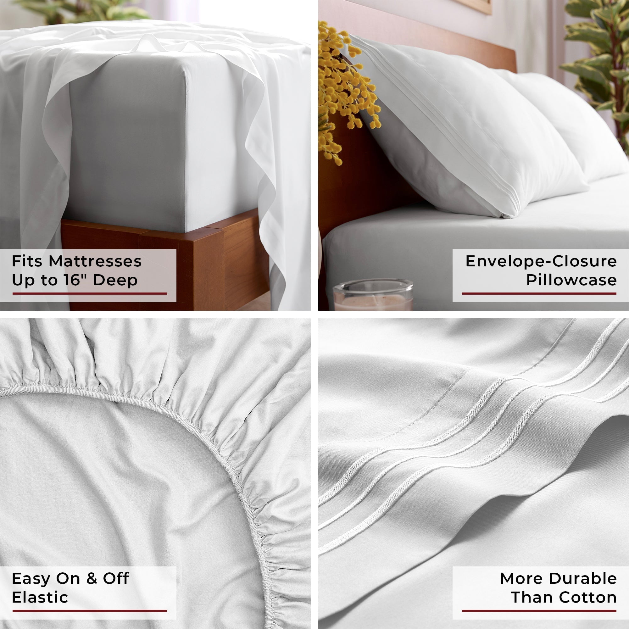 Wrinkle-Resistant Iconic 6 Piece Bed Sheet Set Brushed Microfiber, Deep Pocket, Queen, White - Luxury Bed Sheet Set with Deep Pockets Detail