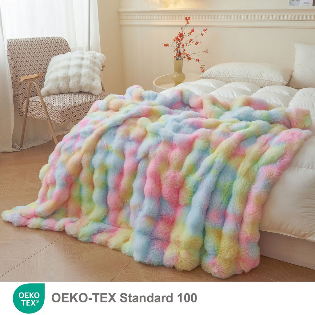 Lightweight Warm Fluffy Faux Rabbit Fur Bubble Throw, Rainbow Plush Shaggy Blanket for Couch Sofa Chair, Soft Tie Dye Furry Blanket Ad... - Lightweight Plush Warm Blanket for All Seasons Detail