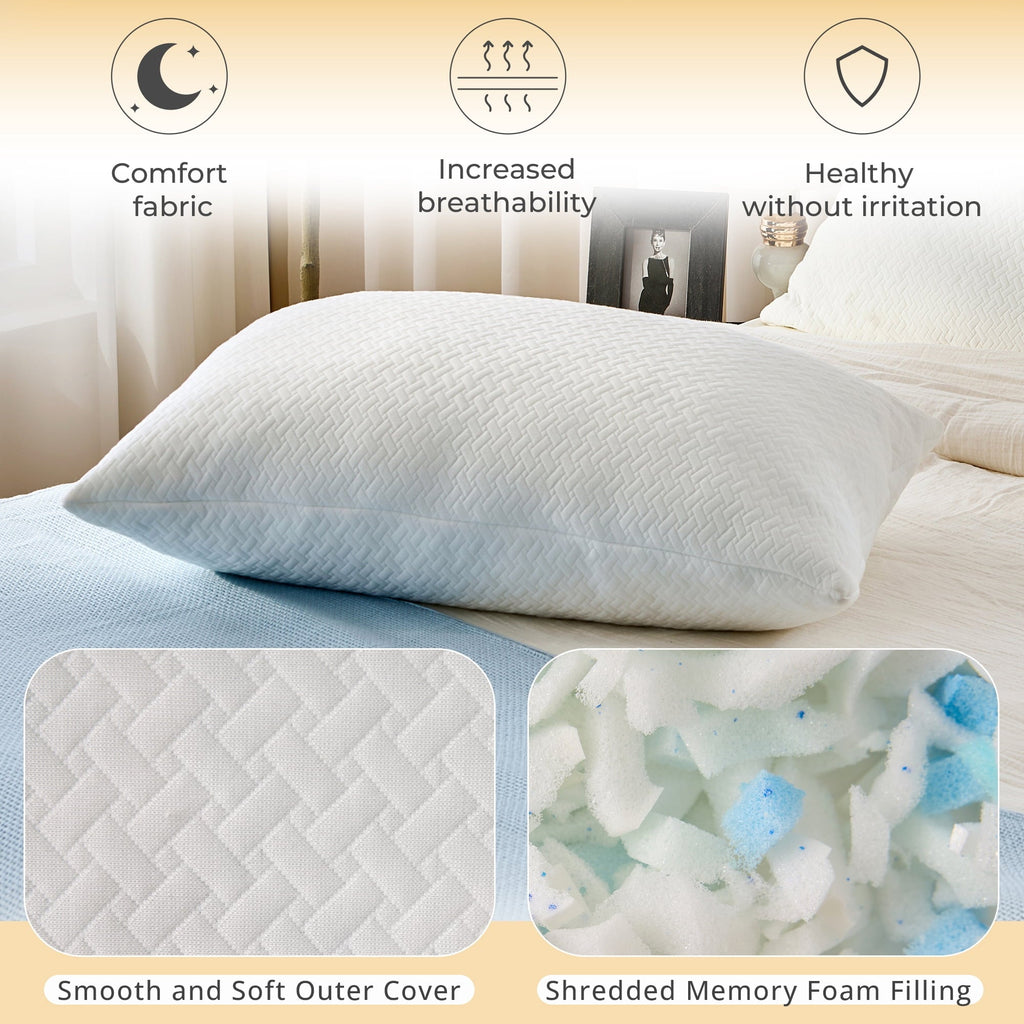 Hotel Collection 2 Pack Bed Pillow, Shredded Gel Memory Foam Pillow, Standard Queen, Medium, Made in USA - Ergonomic Memory Foam Pillow for Neck Pain Support Detail
