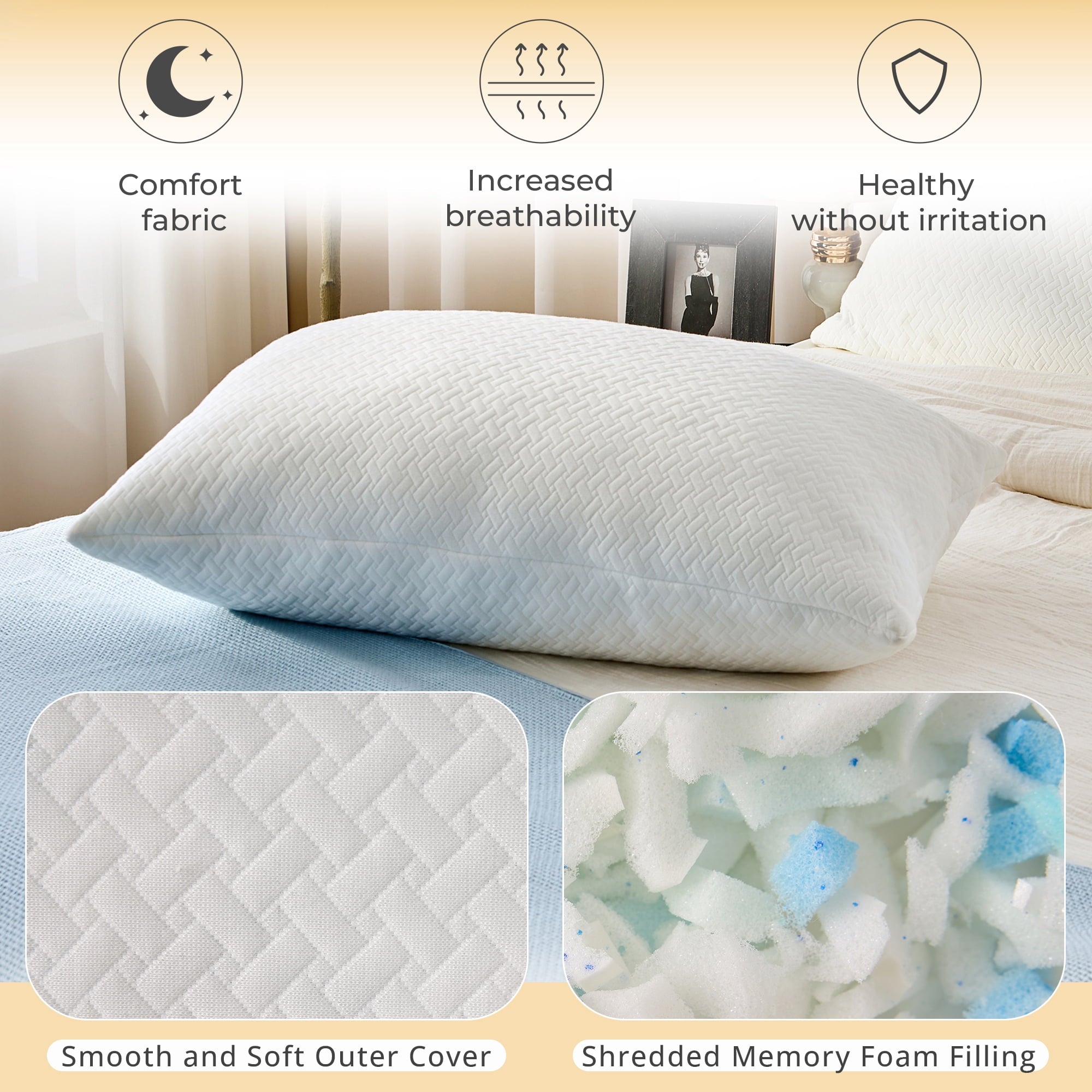 Hotel Collection 2 Pack Bed Pillow, Shredded Gel Memory Foam Pillow, Standard Queen, Medium, Made in USA - Ergonomic Memory Foam Pillow for Neck Pain Support Detail