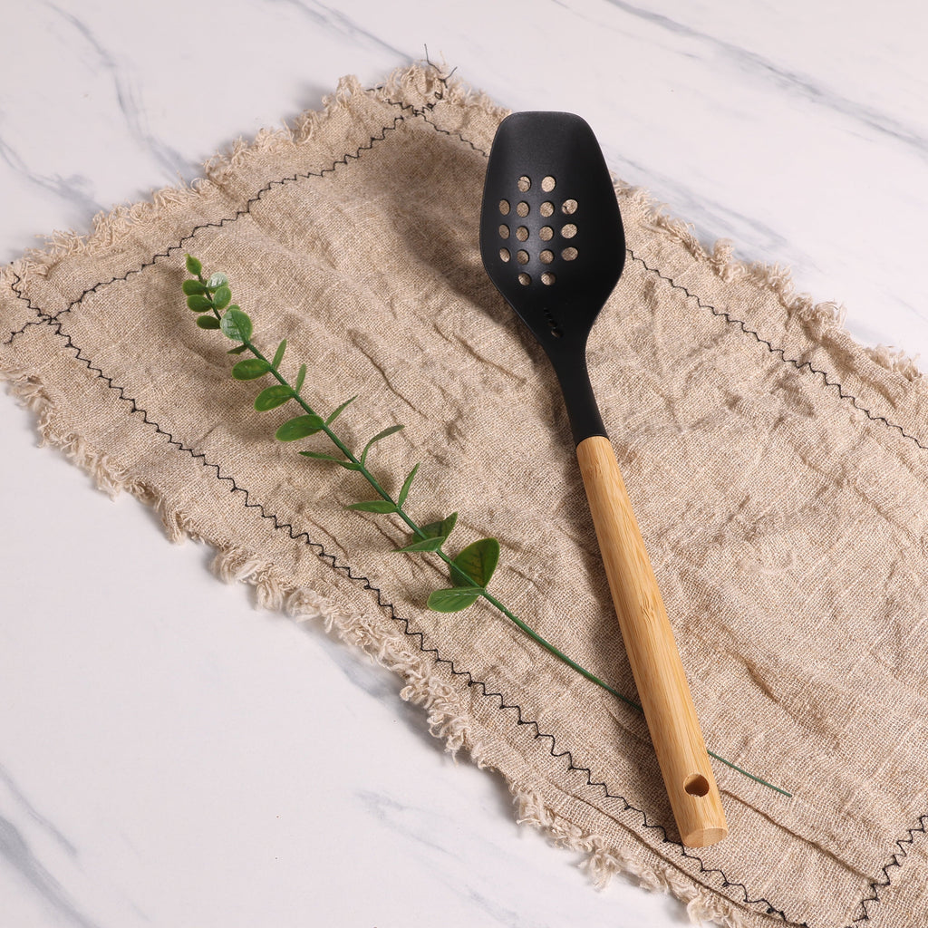High-Precision Cooking Spoon with Bamboo Handle, 12.6"2.7", & Bamboo, Black - Multi-Purpose Hand Tool for Daily Meal Prep Detail