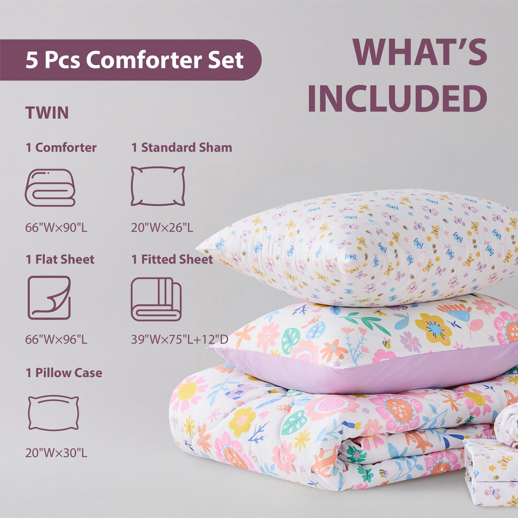 Fluffy Down Alternative Floral Comforter Set, Soft Microfiber Flower Bedding Set, 5 Pieces with Comforter, Sheets and Pillowcases, Twin - Luxurious Quilted Duvet Cover Set Detail