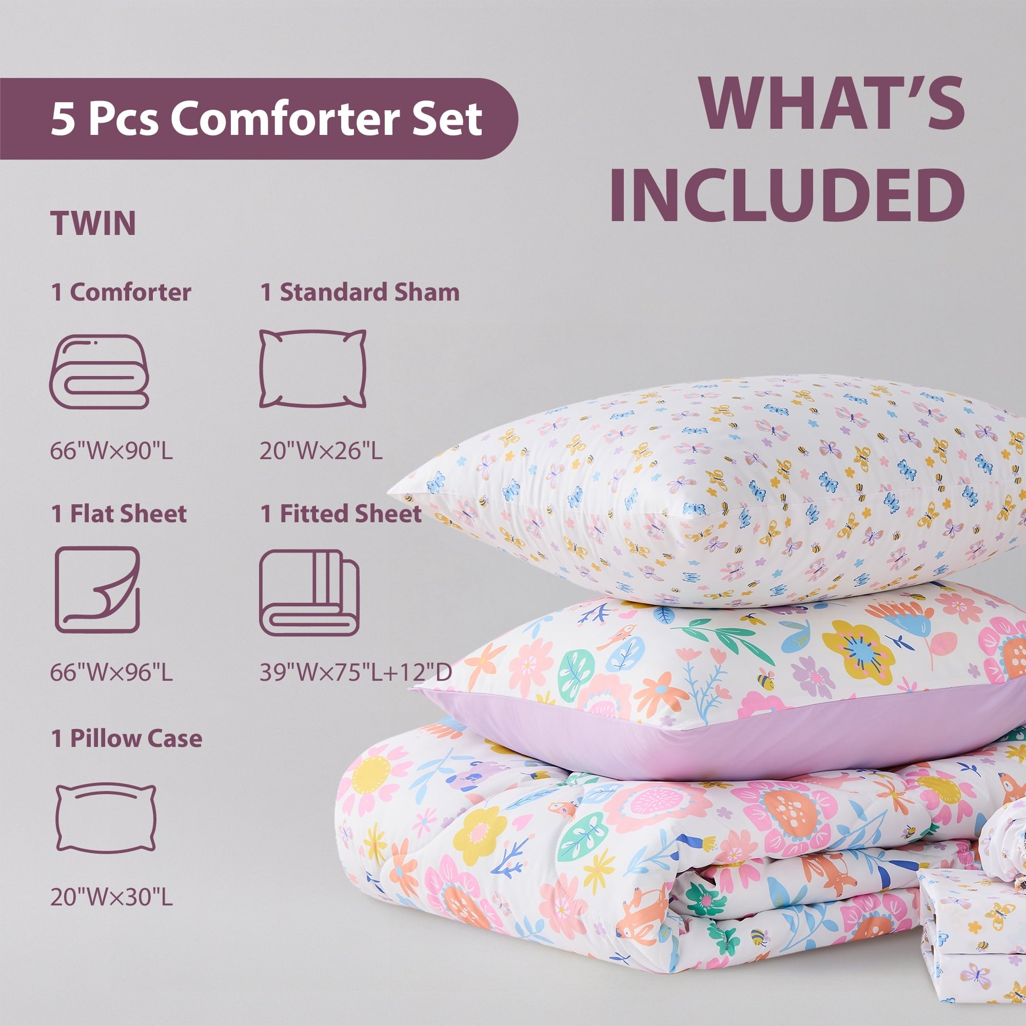 Fluffy Down Alternative Floral Comforter Set, Soft Microfiber Flower Bedding Set, 5 Pieces with Comforter, Sheets and Pillowcases, Twin - Luxurious Quilted Duvet Cover Set Detail