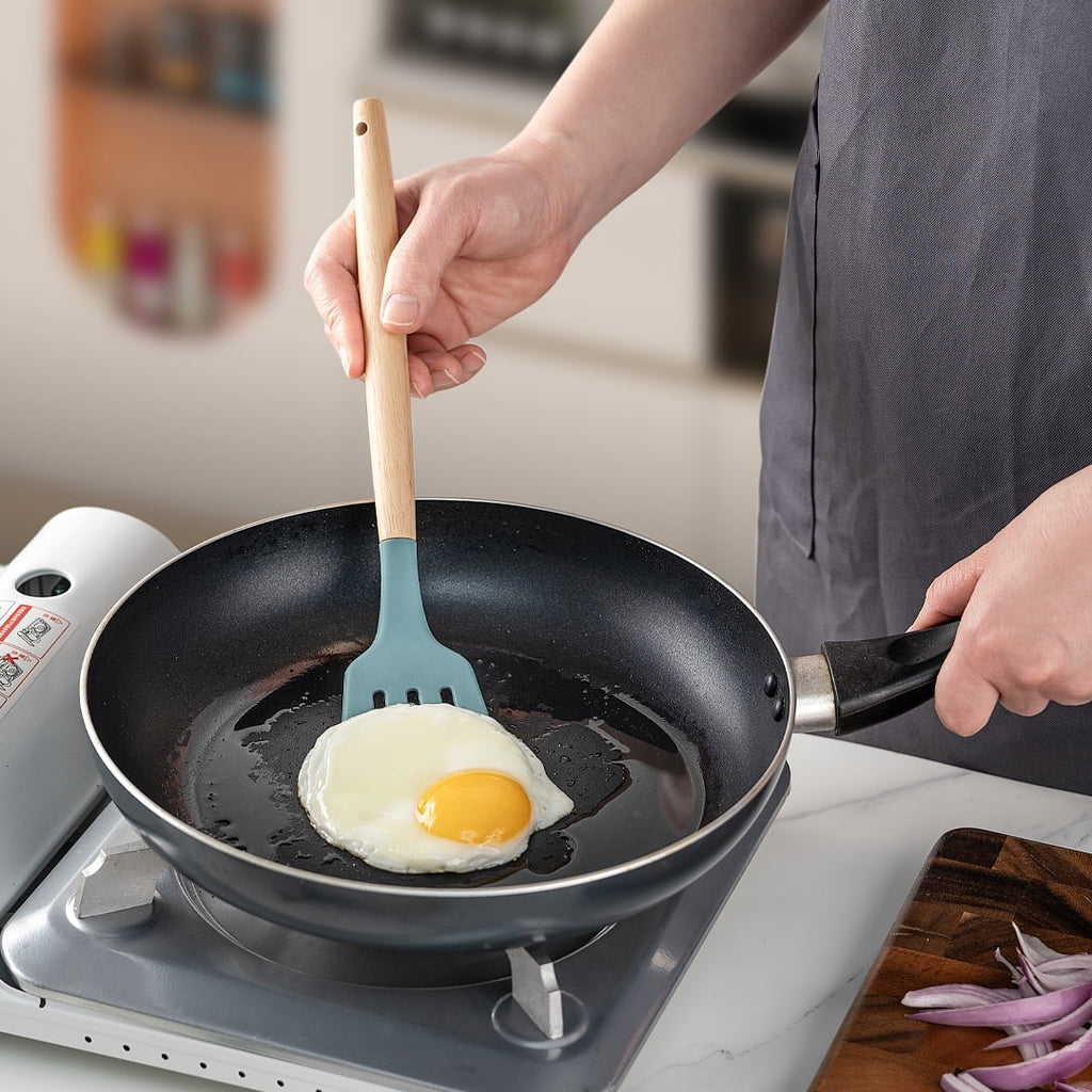 Premium Silicone Small Silicone Cooking Utensils with Holder Set (12Pack), Aqua Kitchen Tools with Wooden Handle for Nonstick... - Premium Stainless Steel Cooking Utensil for Non-Stick Pots Detail