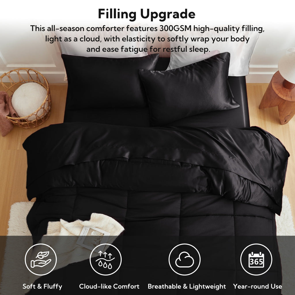 Heavyweight Warmth Reversible Satin Microfiber Comforter 3 Pieces Queen Size, Black Queen Comforter Set for All Seasons, Silky Soft Sati... - Cloud-Like Soft Lightweight Bed Comforter Detail