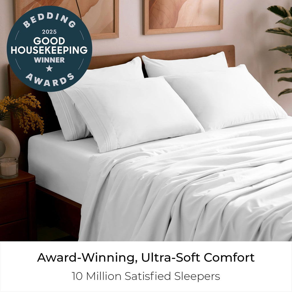 Wrinkle-Resistant Iconic 6 Piece Bed Sheet Set Brushed Microfiber, Deep Pocket, Queen, White - Luxury Bed Sheet Set with Deep Pockets Detail