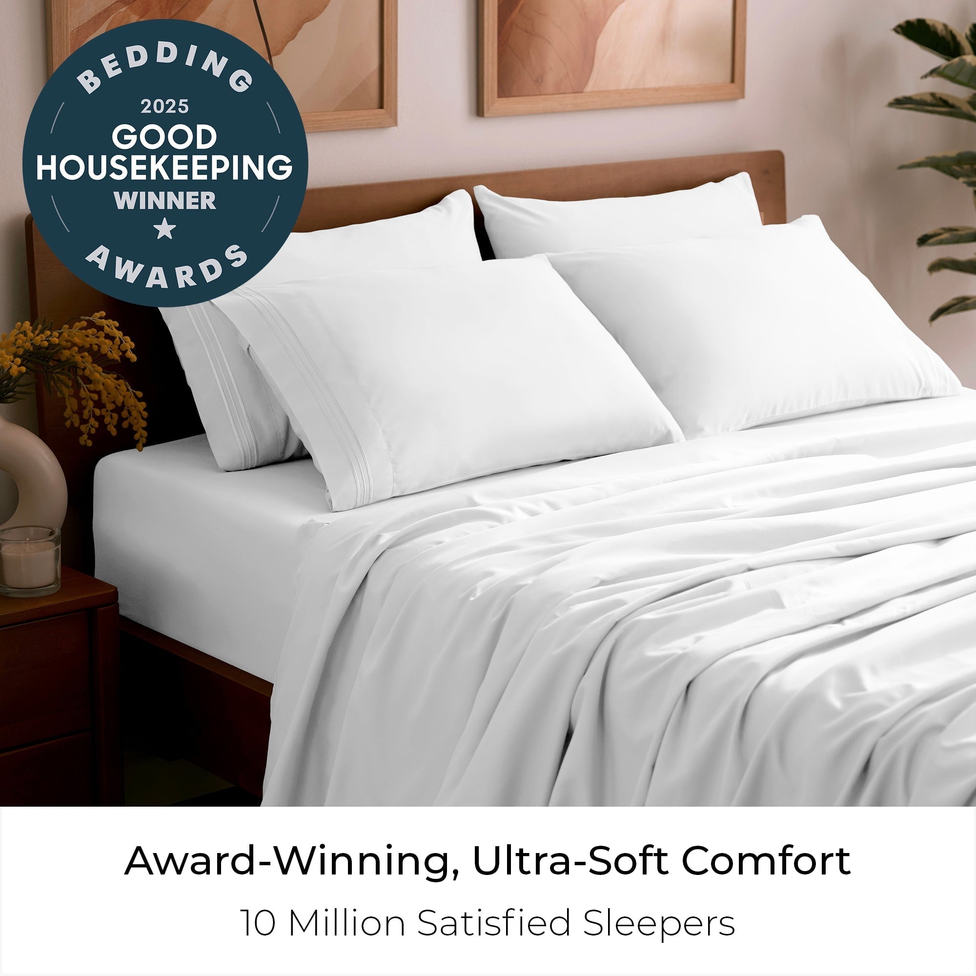 Wrinkle-Resistant Iconic 6 Piece Bed Sheet Set Brushed Microfiber, Deep Pocket, Queen, White - Luxury Bed Sheet Set with Deep Pockets Detail