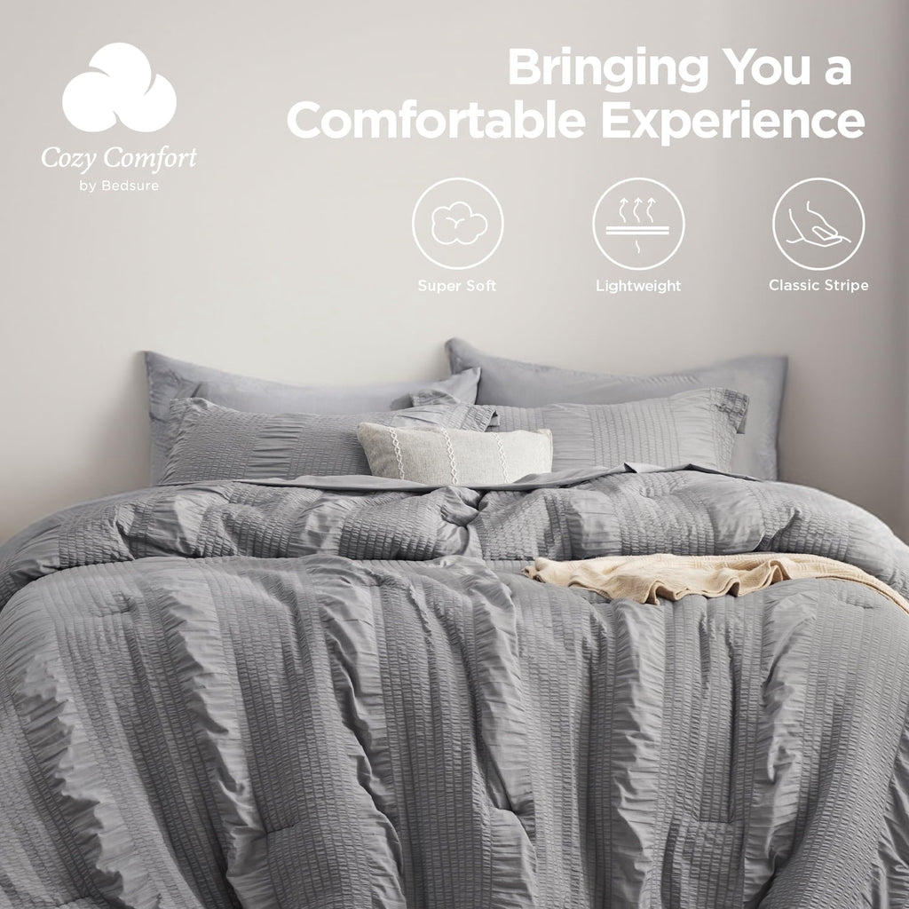 Luxurious Quilted Twin Comforter Sets 5 Pieces Stripes Seersucker Bedding Set, Bed in a Bag with Soft Comforter & Sheets, Pillowcase & ... - All-Season Down Alternative Comforter Insert Detail