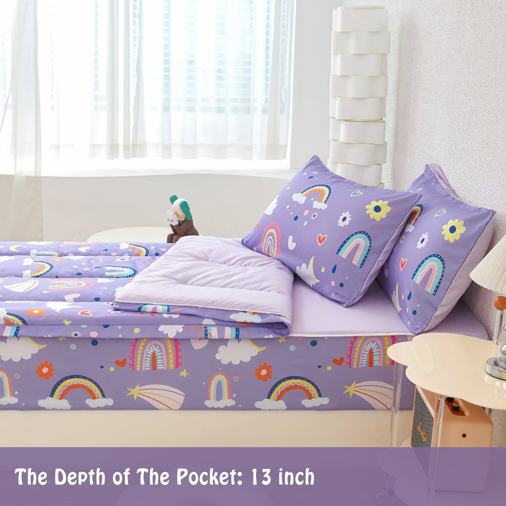 Hypoallergenic Cloud Zipper Kids Comforter Set, 3-Piece Purple Twin Bed in a Bag, Cartoon Rainbow Stars Flowers Printed Zip Up Comforter S... - All-Season Down Alternative Comforter Insert Detail
