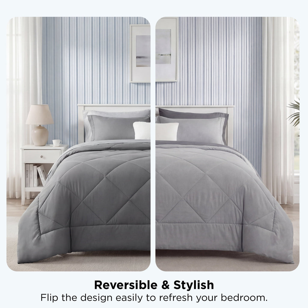 Fluffy Down Alternative Queen Reversible Comforter Set - 7 Pieces Grey Bedding, Bed in a Bag with Alternative Comforter, Sheets, Pillowcases ... - Luxurious Quilted Duvet Cover Set Detail