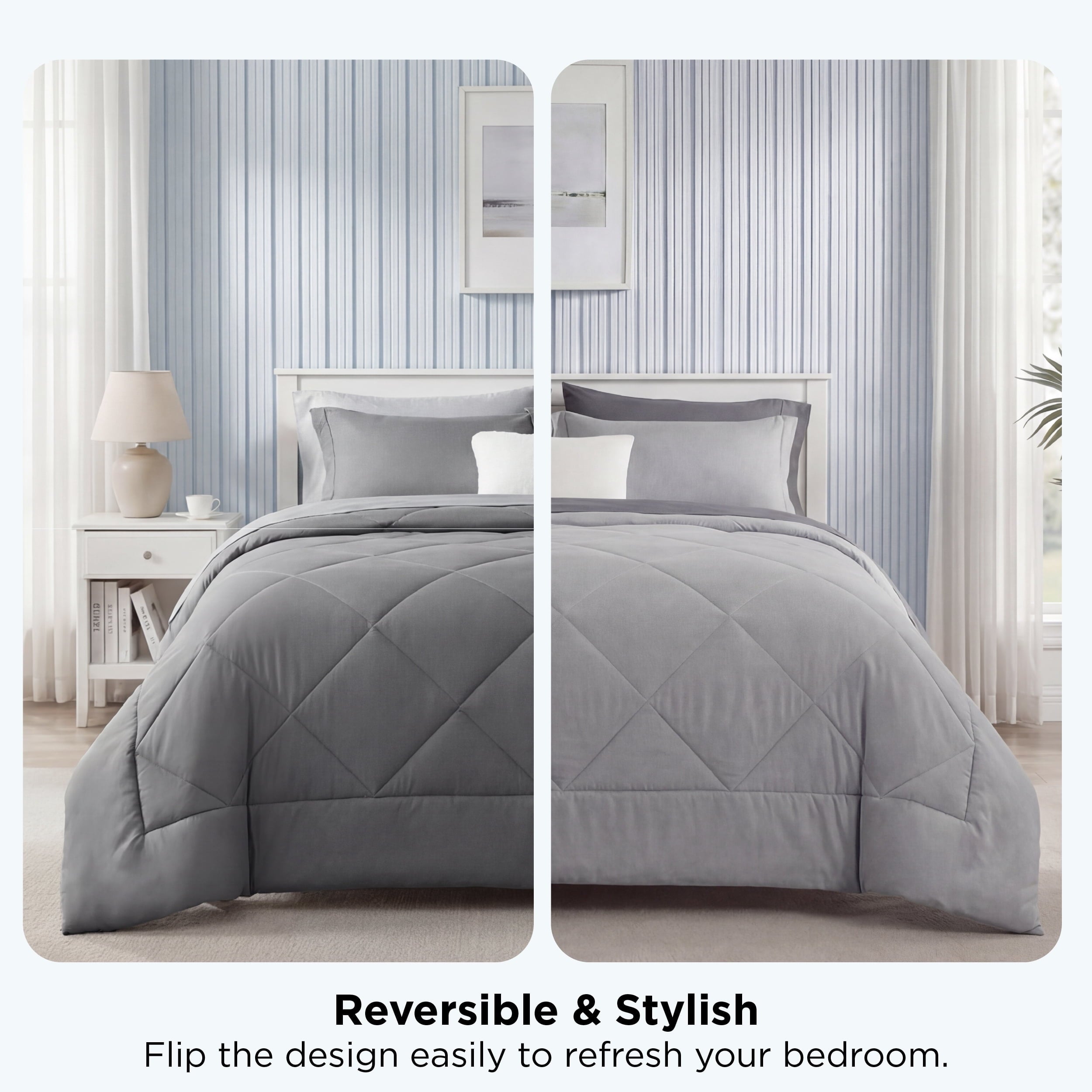 Fluffy Down Alternative Queen Reversible Comforter Set - 7 Pieces Grey Bedding, Bed in a Bag with Alternative Comforter, Sheets, Pillowcases ... - Luxurious Quilted Duvet Cover Set Detail
