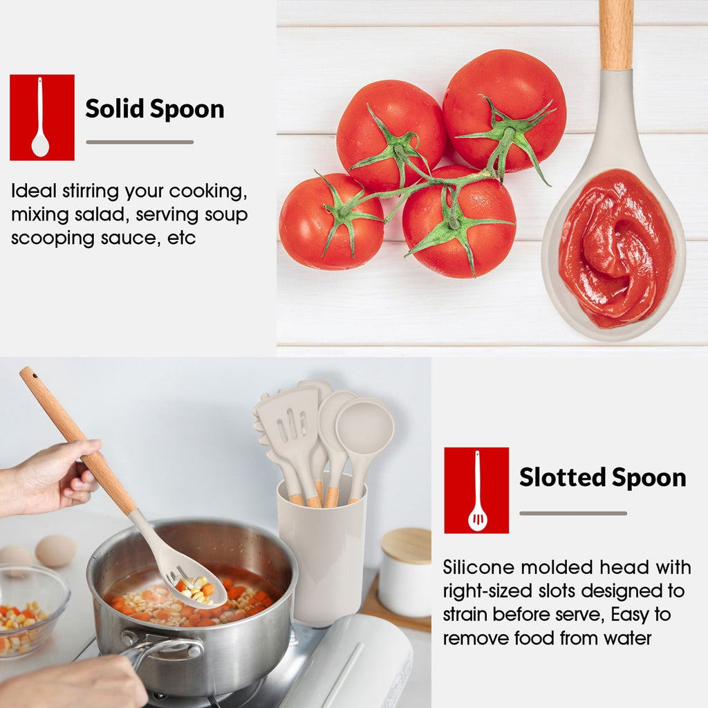 Non-Stick Safe Kitchen Utensils Set of 6, Silicone Cooking Utensils with Wooden Handle, Non-Stick Cookware & Heat Resistant, Include... - Heat-Resistant Silicone Cooking Spatula Turner Detail