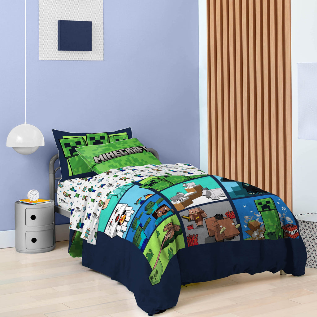 Heavyweight Warmth Kids 2 Piece Green Reversible Comforter and Pillowcase Bedding Set, Twin/Full - All-Season Down Alternative Comforter Insert Detail