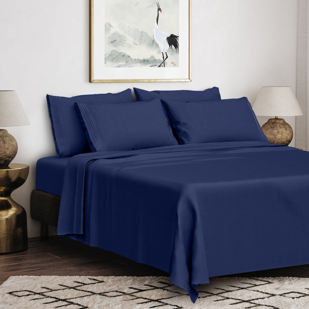Premium Egyptian Cotton Queen Bed Sheets Set, 6 Pc Microfiber Bed Sheets, Extra Deep Pocket Queen Fitted Sheet, Flat Sheet & Pillowcases, Nav... - Breathable Egyptian Cotton Flat & Fitted Sheets Detail