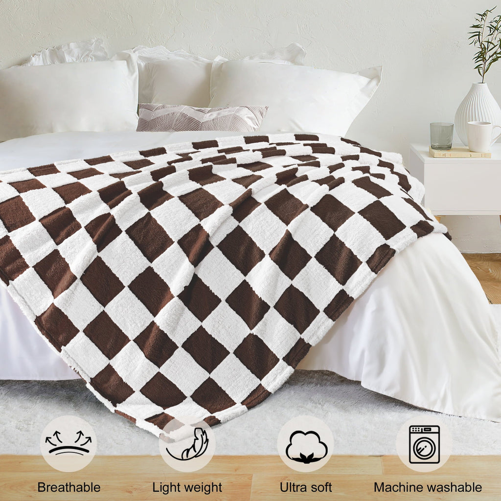 Decorative Knitted Checkered Throw Blanket, Super Soft and Warm Fluffy Fleece Blanket for Couch, Sofa, Bed, Cute Plaid Pattern, Coffee, ... - Super Soft Reversible Sherpa Flannel Blanket Detail