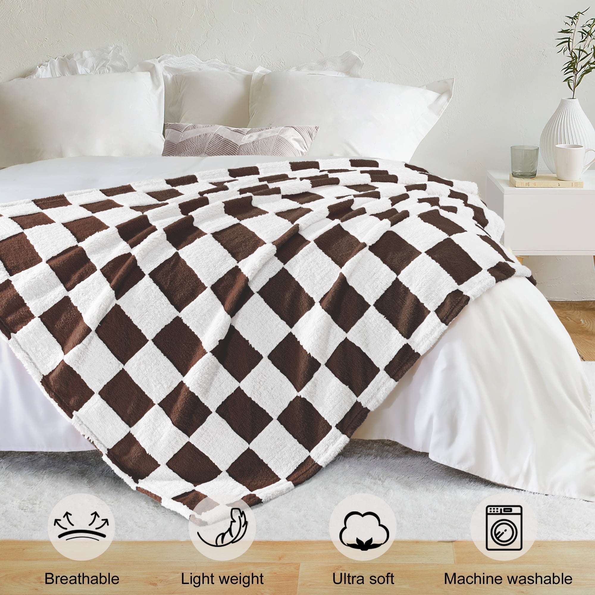 Decorative Knitted Checkered Throw Blanket, Super Soft and Warm Fluffy Fleece Blanket for Couch, Sofa, Bed, Cute Plaid Pattern, Coffee, ... - Super Soft Reversible Sherpa Flannel Blanket Detail