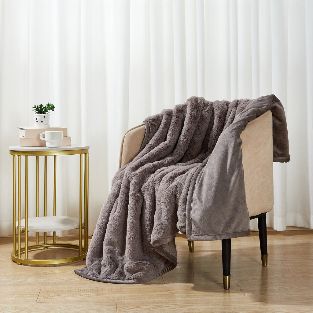 Decorative Knitted Grey Faux Fur Ultra Soft Luxury Oversized Throw Blanket 50" x 72", Grey Bisque - Super Soft Reversible Sherpa Flannel Blanket Detail