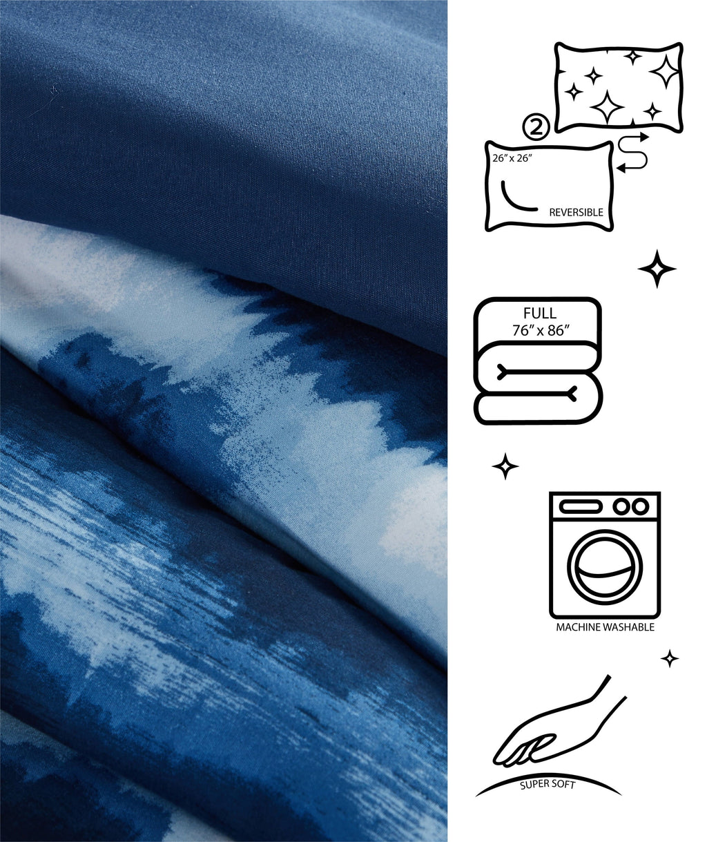 Luxurious Quilted Tie Dye Navy 3 Piece Comforter Set, Full - All-Season Down Alternative Comforter Insert Detail