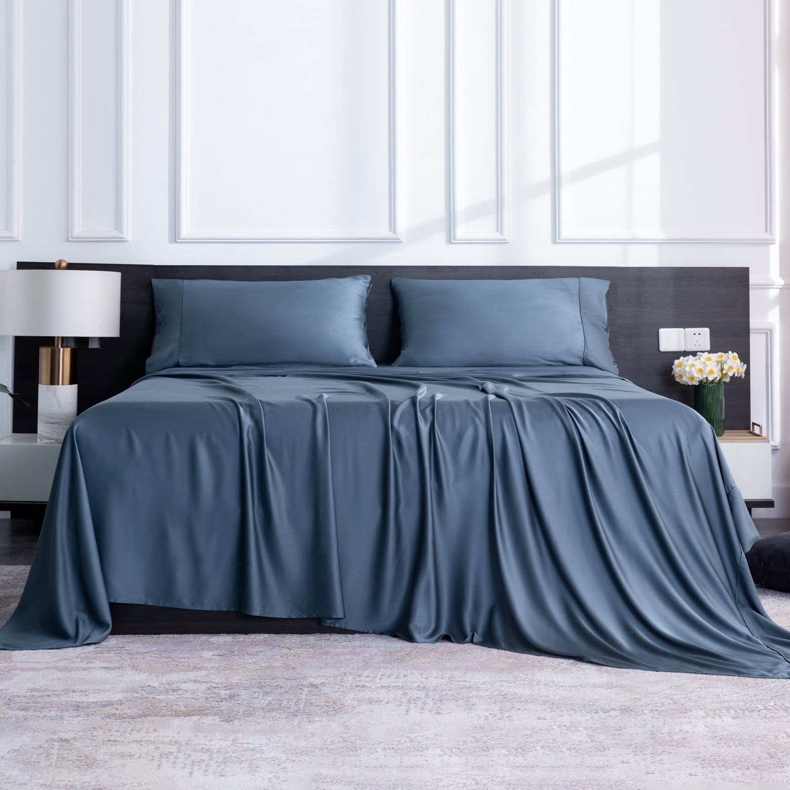 Breathable Luxury Luxury Bamboo Bed Sheets Set Full 4 Pcs for Adult,Soft&Cool,16" Deep Pocket,Blue Gray - Premium Ultra-Soft Pillowcase Pair for Sleeping Detail